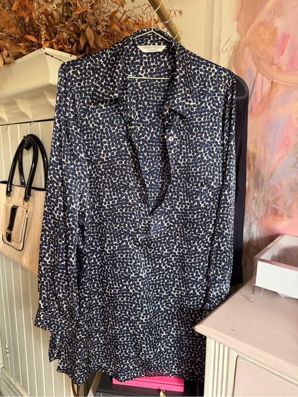 Marina Rinaldi Silk Navy and White Long-Sleeve Shirt Dress